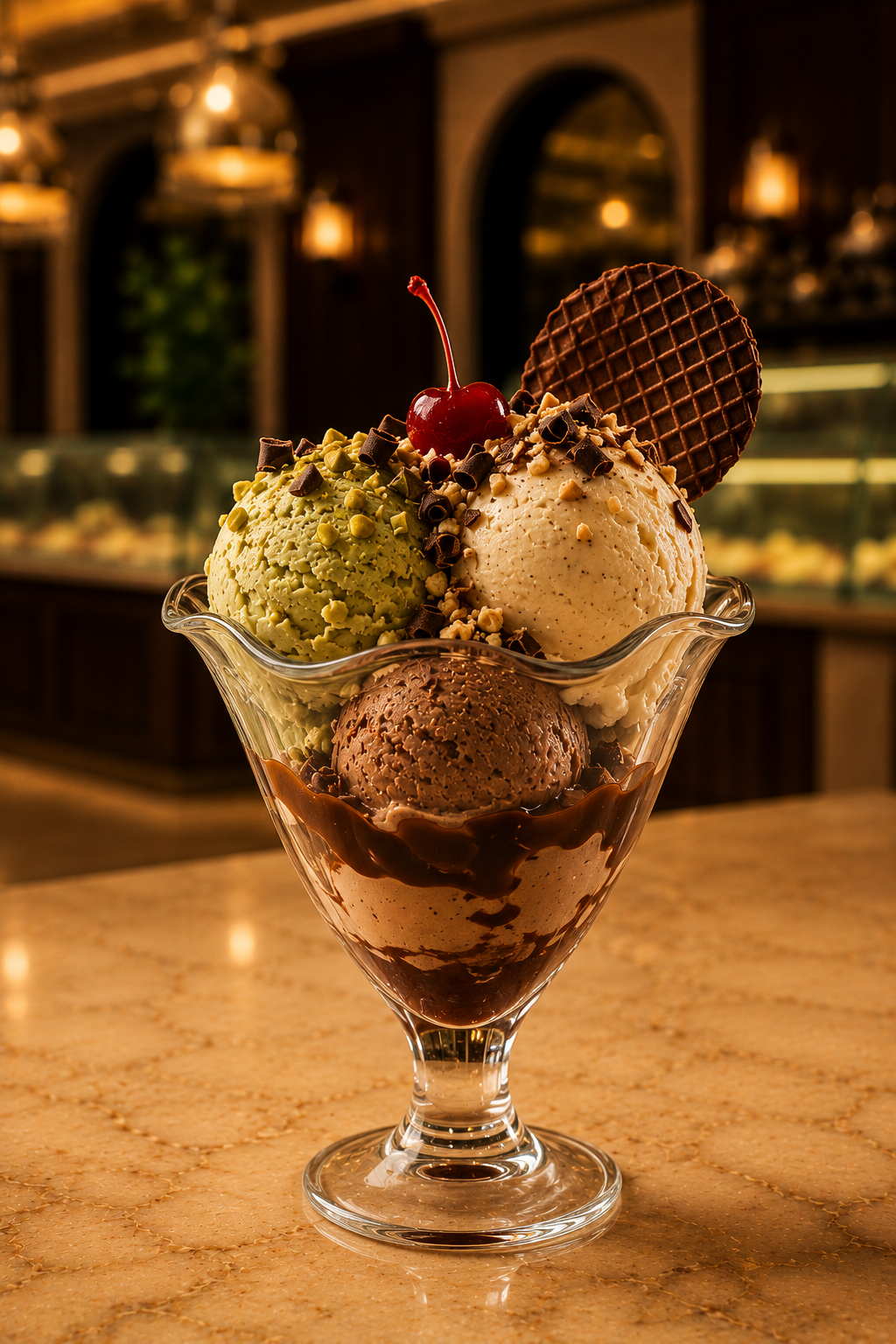 A cherry chocolate sundae — dark chocolate gelato, cherry compote, and mascarpone